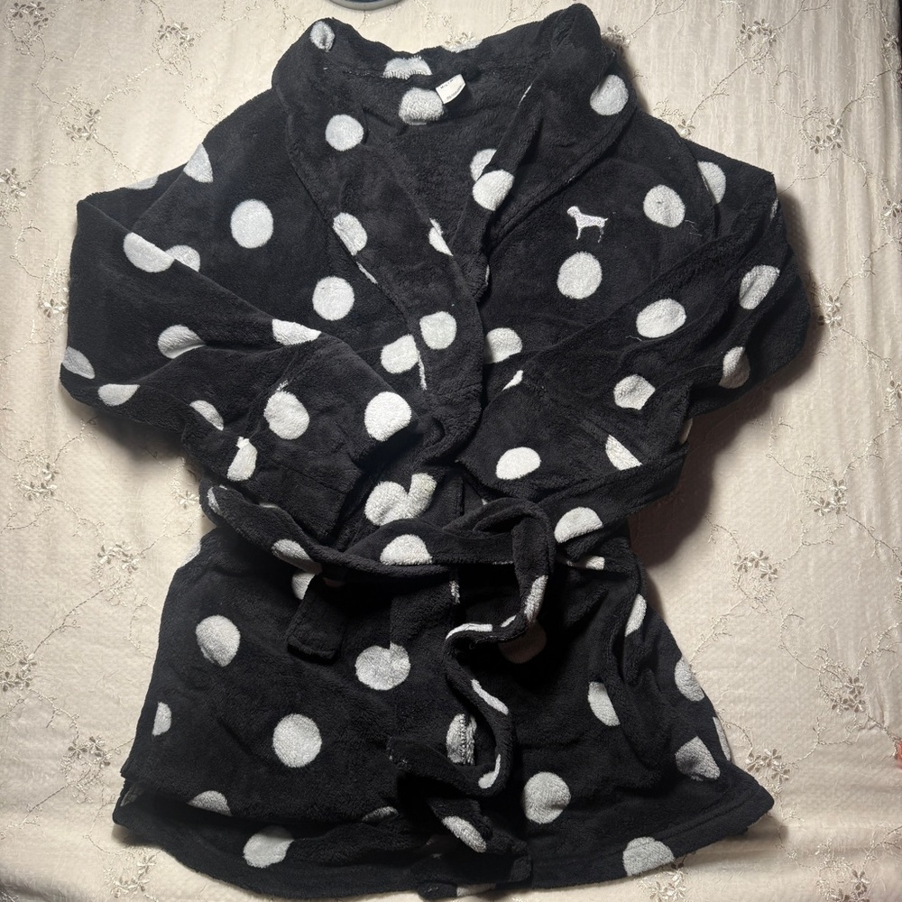vintage 2010s victoria’s secret PINK black + white polka‑dot fleece robe – m/l - Picture 1 of 7